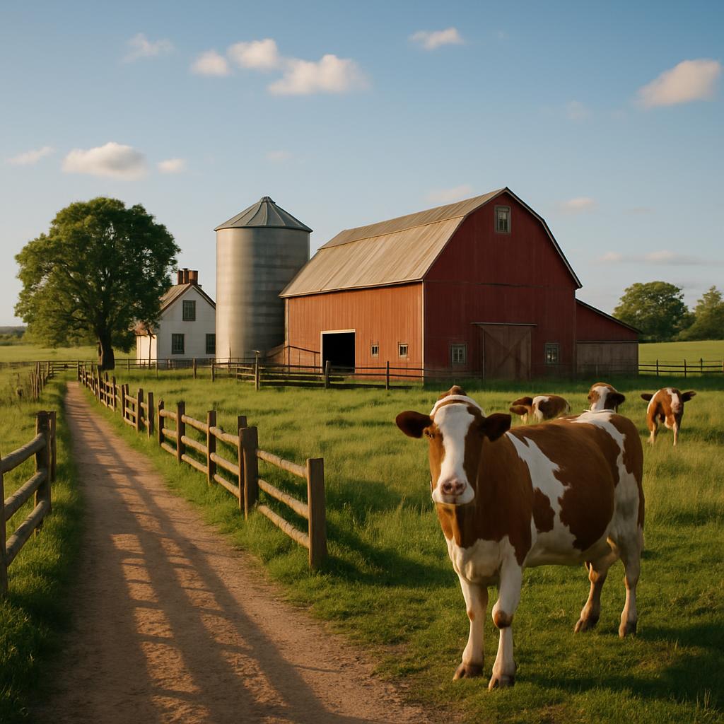 A serene rural landscape featuring a red barn, a white house, silos, trees on a blue sky day with cattle grazing in the fo...